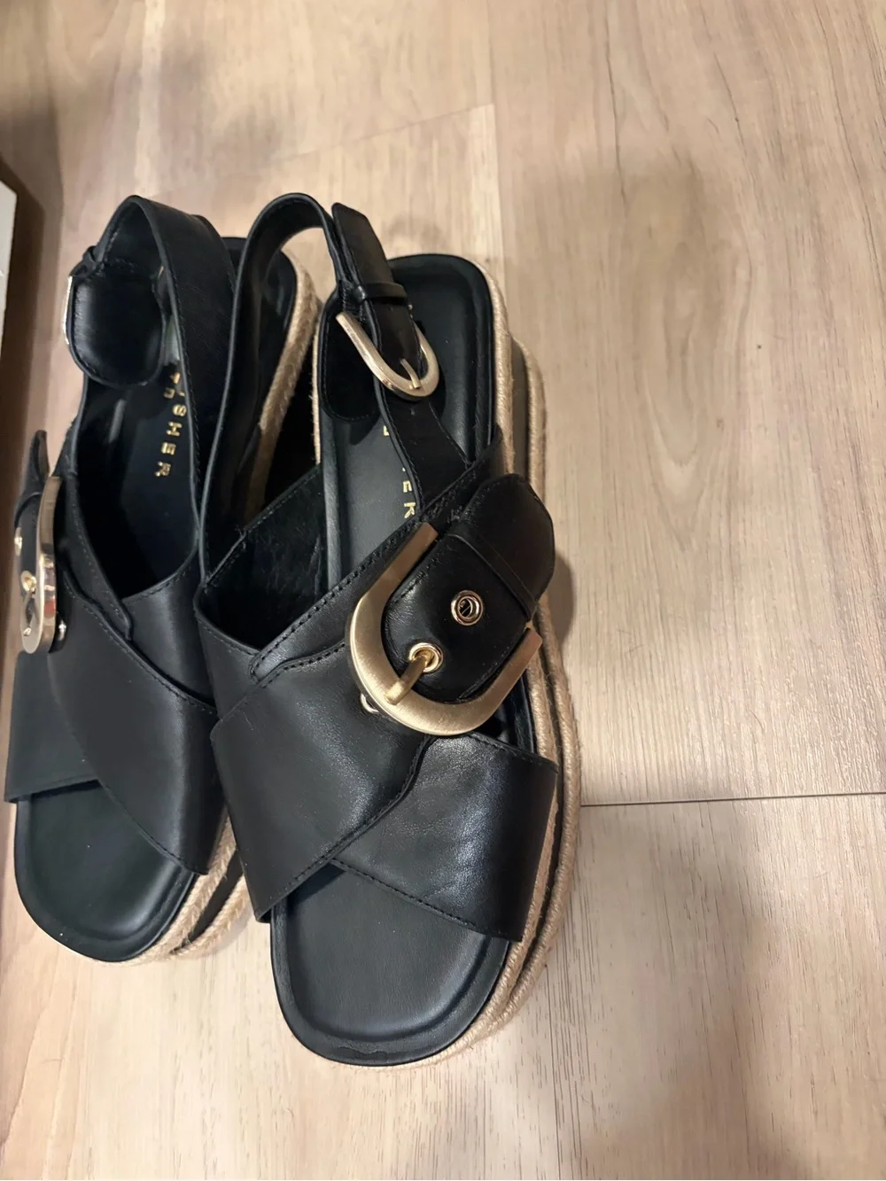 Marc fisher 7.5 Black Leather Espadrille Slingback Sandals with Gold Buckle